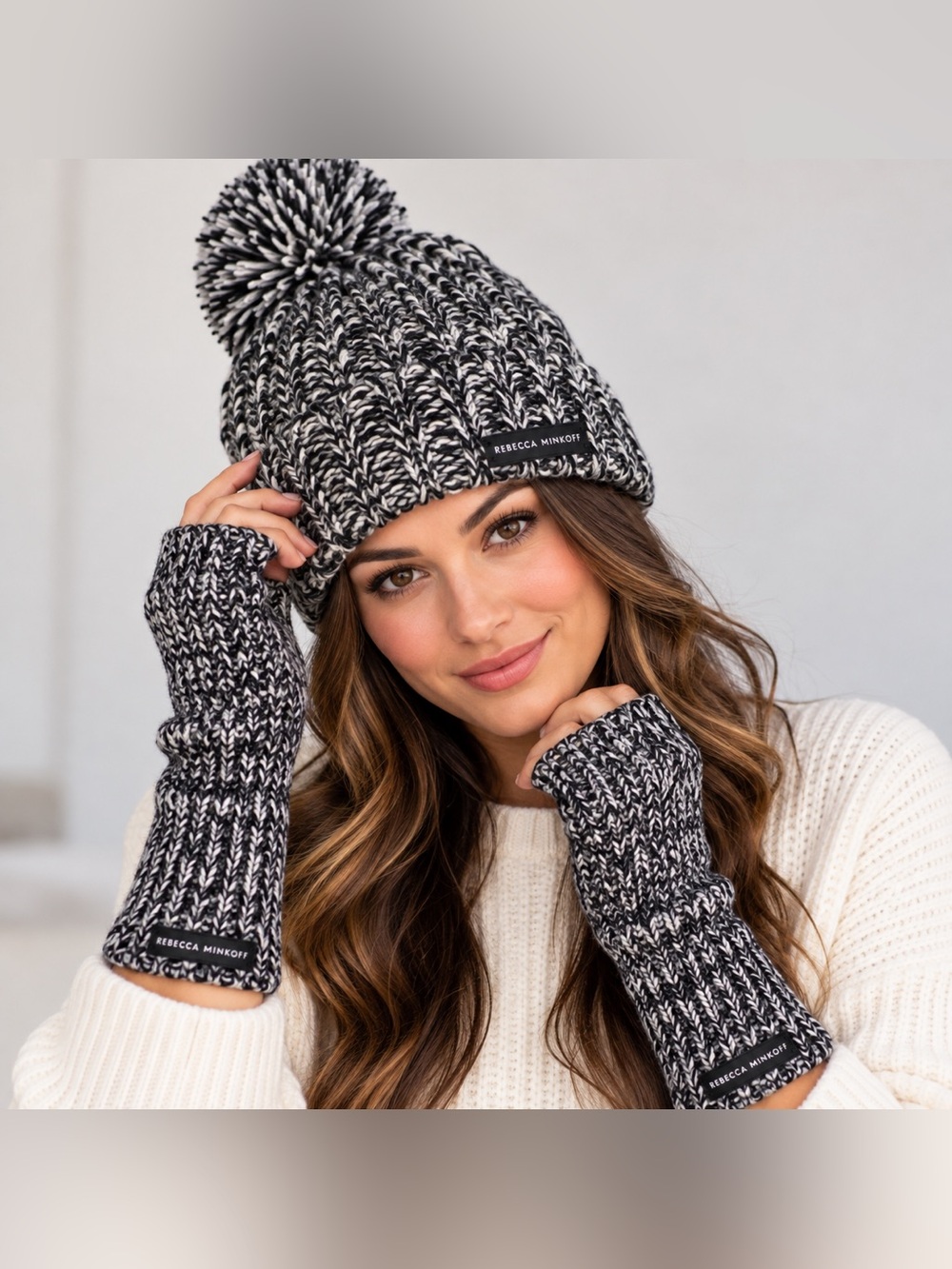 Rebecca Minkoff Black White Marled Knit Beanie Fingerless Gloves Set